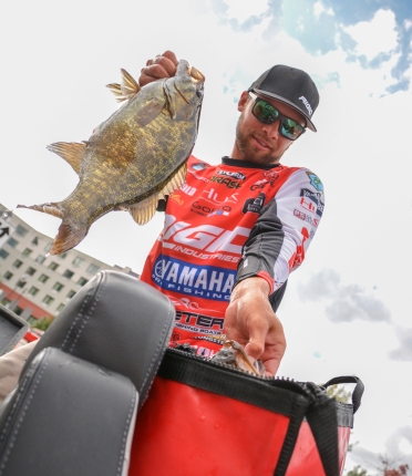 Rigid Industries pro Brandon Palaniuk bags up a pair of 5-pounders on Day 2. Photo by Joel Shangle.